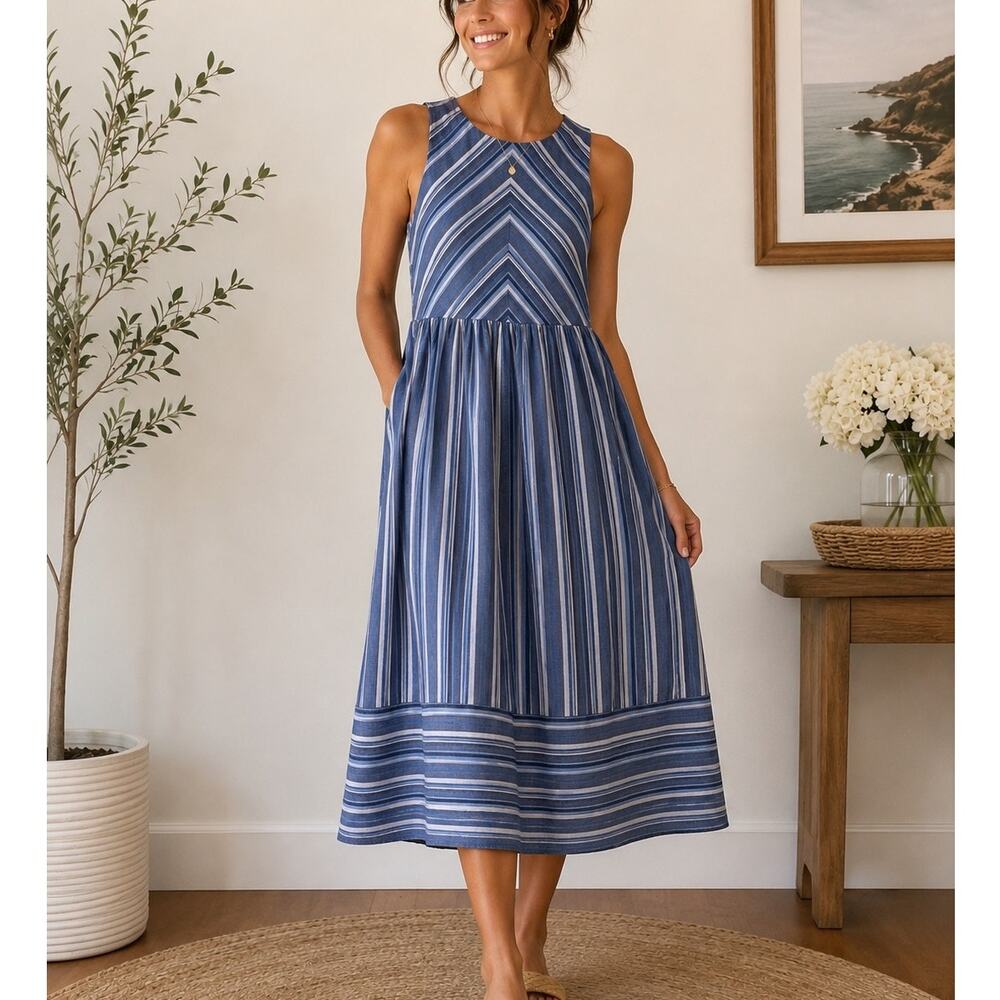 entro Striped Midi Sleeveless Dress Medium Blue